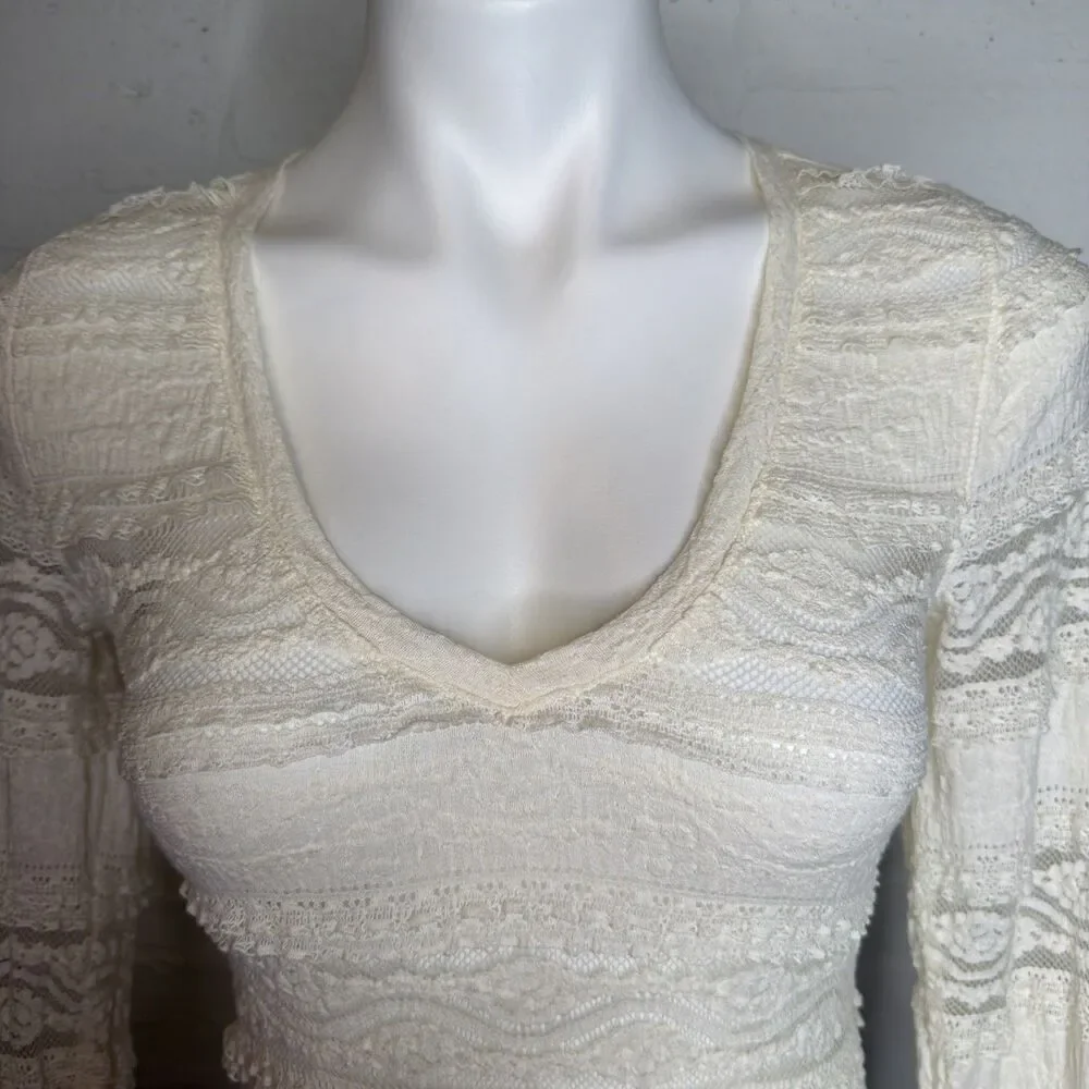 Long-Sleeve Sheer Lace Layering Tunic Cream Y2K Boho Fairy Coquette